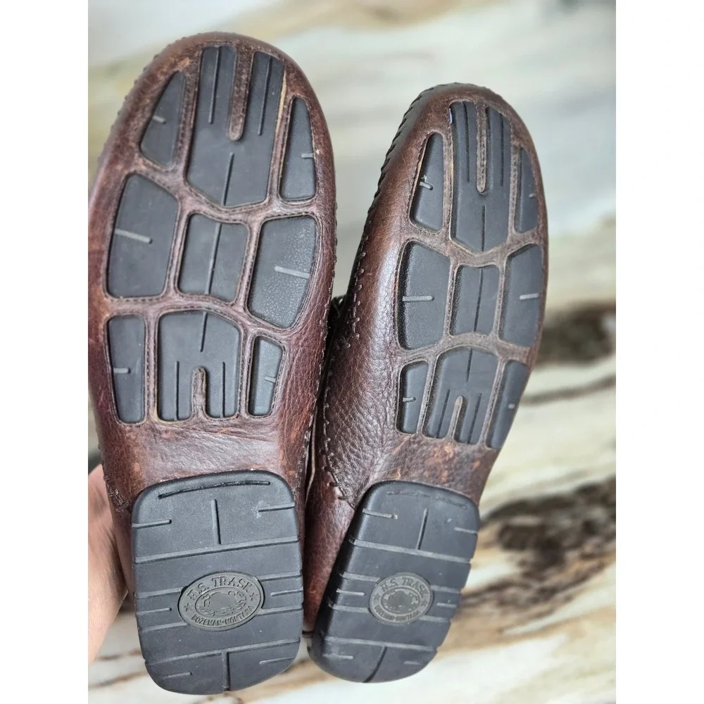 HS‎ Trask Mens Brown Leather Driving Loafers Whipstitch Moc Toe Slip 10.5 M